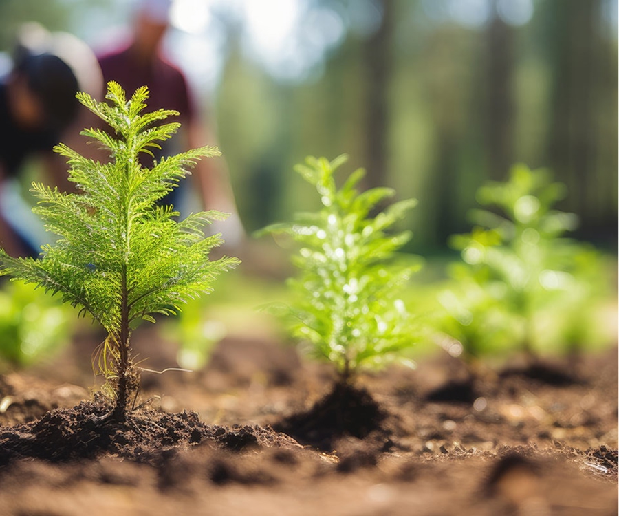 Ausschnitt junge Bäume mit Waldarbeitern im Hintergrund